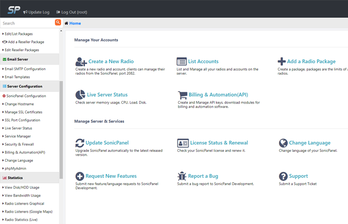 SonicPanel control panel for managing your online radio