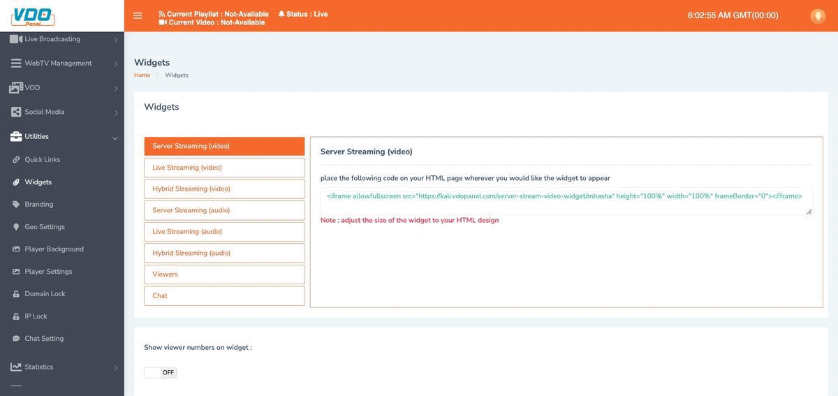 VDOPanel: widgets and player codes